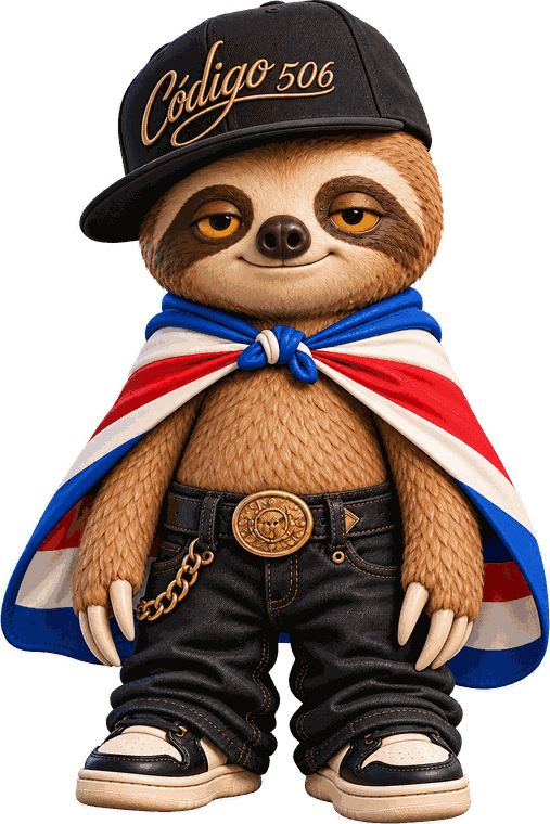 Chonelio, el oso perezoso mascota de Código 506, con gorra de la banda y capa de la bandera de Costa Rica